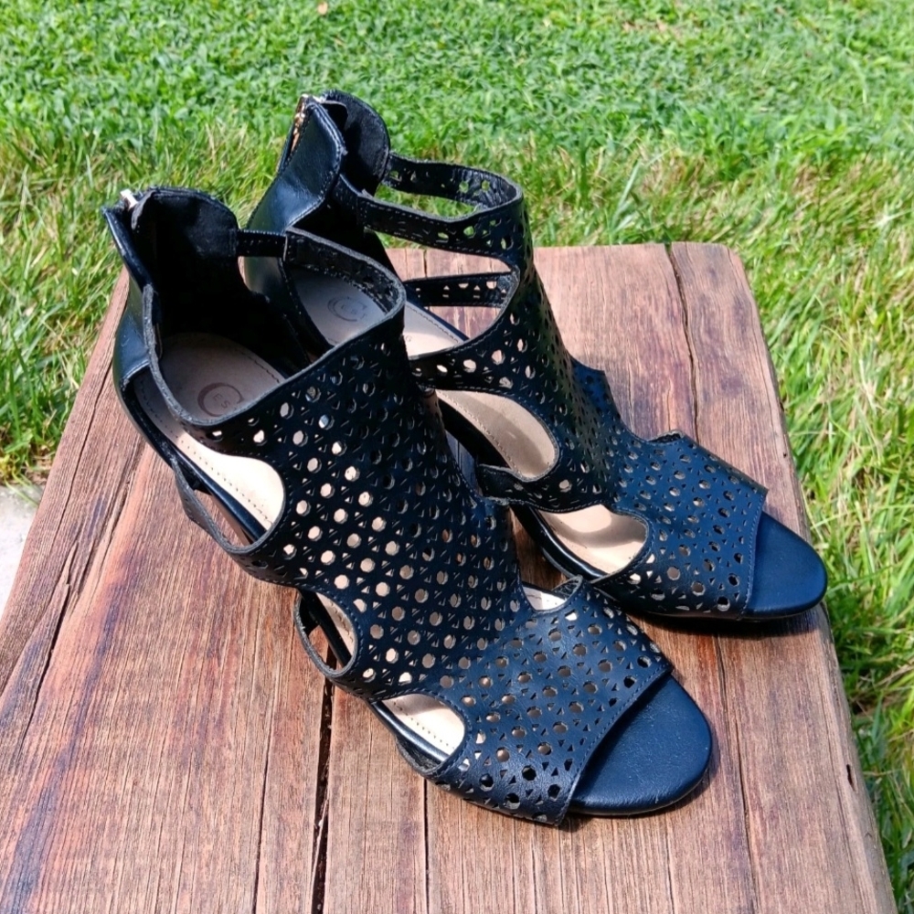 Women's Sandals Leather Zip Up Open Toe Ankle Block Heel Black Shoe Size 8 US
